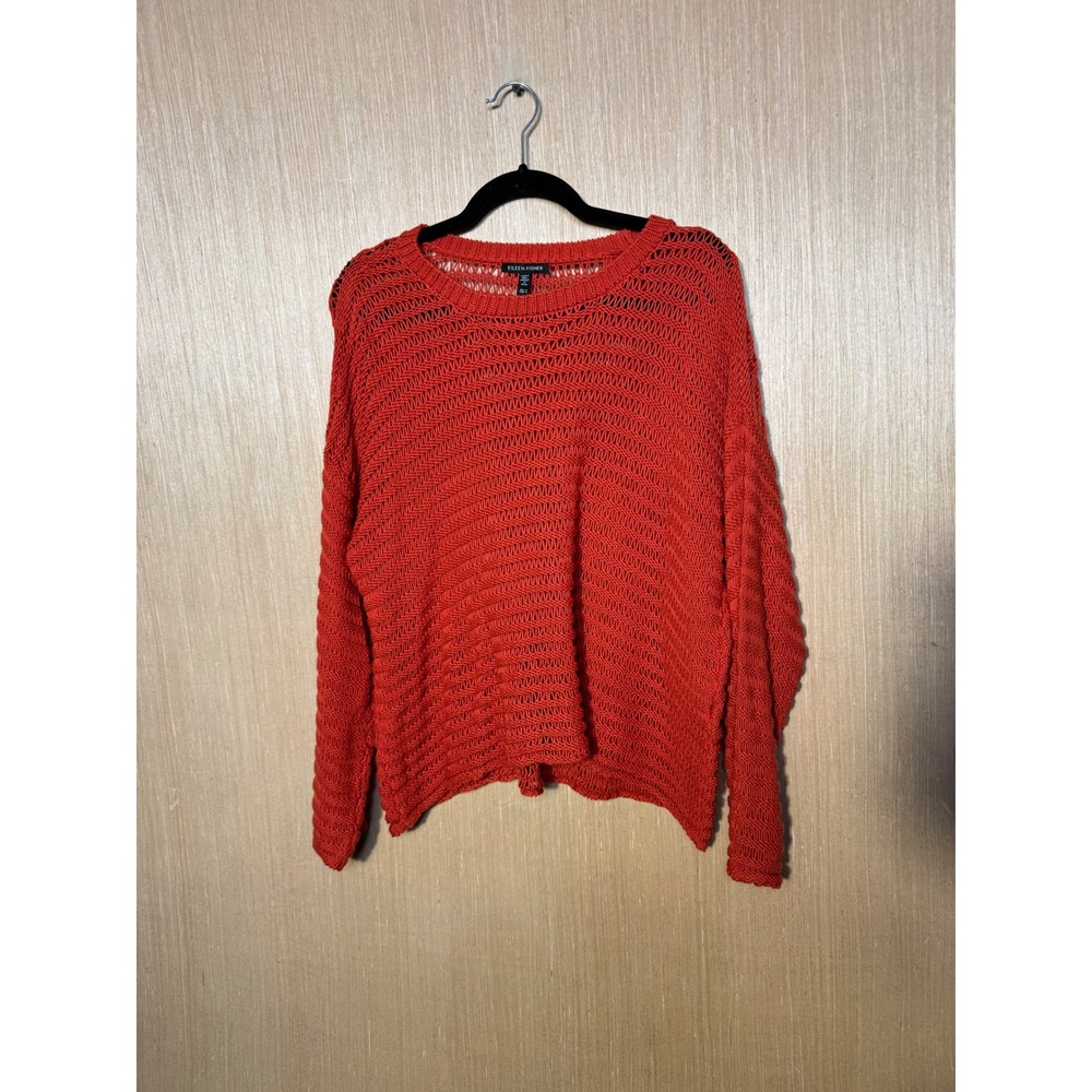 Eileen Fisher Womens S Red Organic Cotton Open Knit Long Sleeve Sweater Relaxed